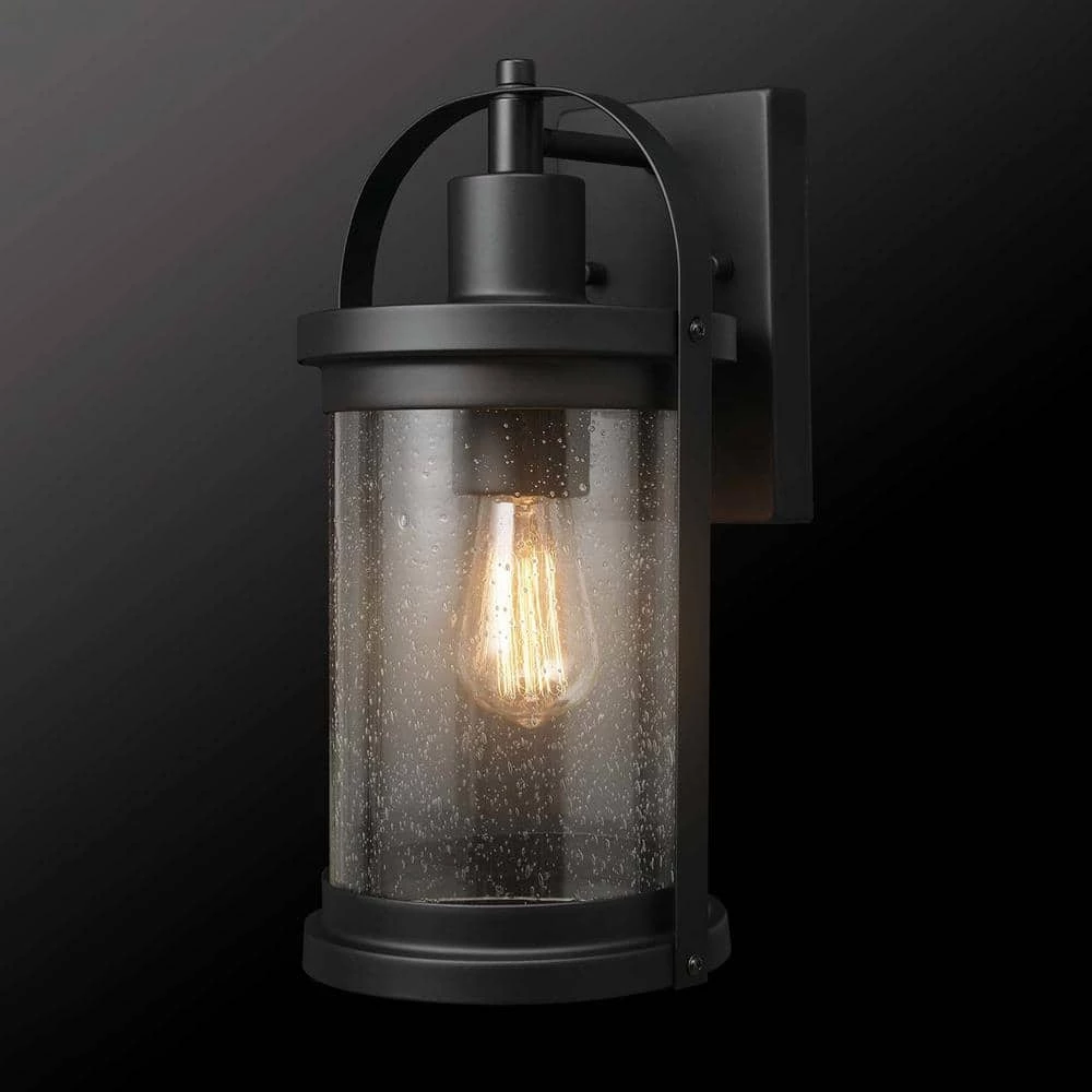 Xavier 1-Light Matte Black Hardwired Outdoor Indoor Wall Lantern Sconce with Seeded Glass Shade by Globe Electric 3 Xavier 1-Light Matte Black Hardwired Outdoor Indoor Wall Lantern Sconce with Seeded Glass Shade by Globe Electric - Image 3