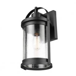 Xavier 1-Light Matte Black Hardwired Outdoor Indoor Wall Lantern Sconce with Seeded Glass Shade by Globe Electric