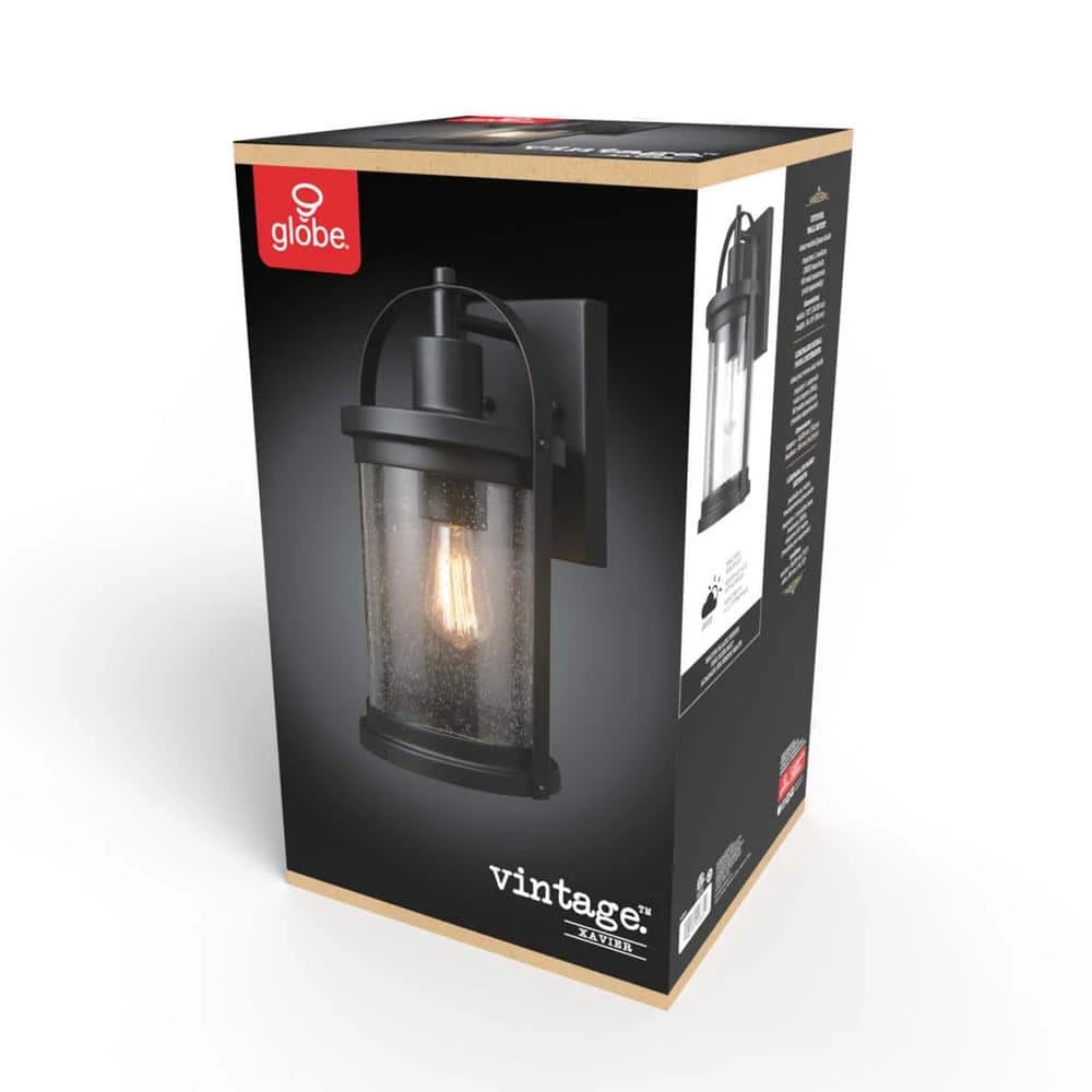 Xavier 1-Light Matte Black Hardwired Outdoor Indoor Wall Lantern Sconce with Seeded Glass Shade by Globe Electric 9 Xavier 1-Light Matte Black Hardwired Outdoor Indoor Wall Lantern Sconce with Seeded Glass Shade by Globe Electric - Image 9