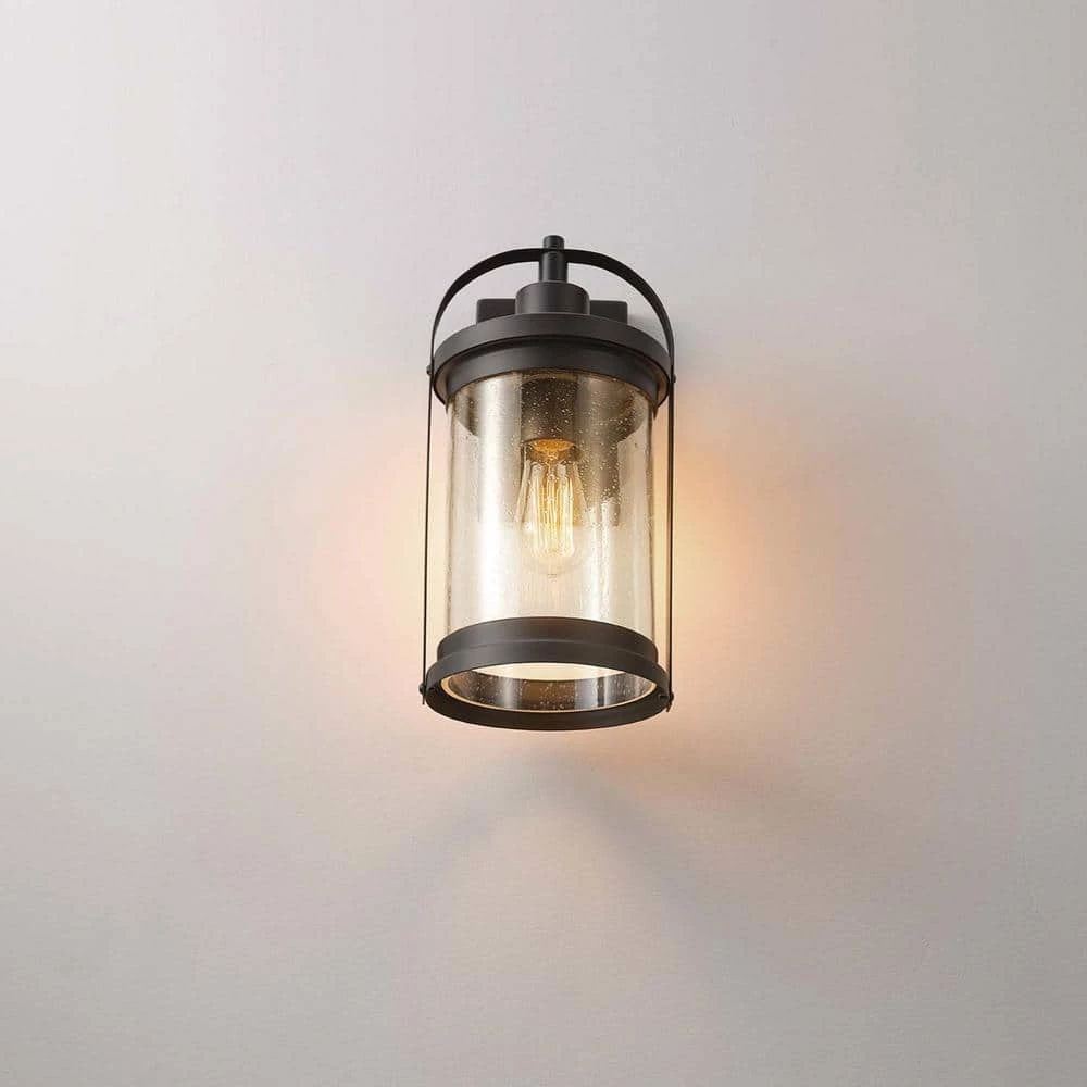 Xavier 1-Light Matte Black Hardwired Outdoor Indoor Wall Lantern Sconce with Seeded Glass Shade by Globe Electric 4 Xavier 1-Light Matte Black Hardwired Outdoor Indoor Wall Lantern Sconce with Seeded Glass Shade by Globe Electric - Image 4