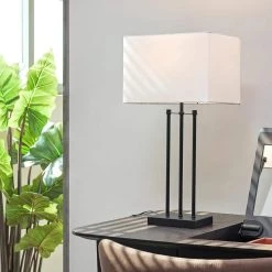24 in. Matte Black Table Lamp Ricci with White Fabric Shade, On/Off Switch on Socket by Globe Electric -Deals Globe Electric Store matte black globe electric table lamps 67528 31 1000