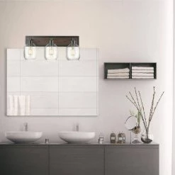 Williamsburg 24 in. 3-Light Matte Black Vanity Light with Faux Wood Accent, Clear Glass Shades by Globe Electric -Deals Globe Electric Store matte black globe electric vanity lighting 51708 1f 1000