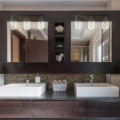 Williamsburg 24 in. 3-Light Matte Black Vanity Light with Faux Wood Accent, Clear Glass Shades by Globe Electric -Deals Globe Electric Store matte black globe electric vanity lighting 51708 31 1000