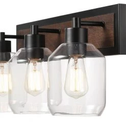 Williamsburg 24 in. 3-Light Matte Black Vanity Light with Faux Wood Accent, Clear Glass Shades by Globe Electric -Deals Globe Electric Store matte black globe electric vanity lighting 51708 40 1000