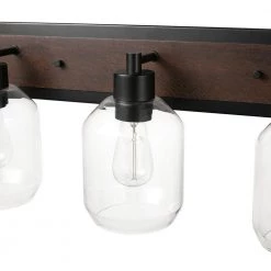 Williamsburg 24 in. 3-Light Matte Black Vanity Light with Faux Wood Accent, Clear Glass Shades by Globe Electric -Deals Globe Electric Store matte black globe electric vanity lighting 51708 44 1000