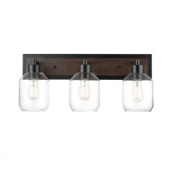 Williamsburg 24 in. 3-Light Matte Black Vanity Light with Faux Wood Accent, Clear Glass Shades by Globe Electric