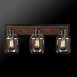 Williamsburg 24 in. 3-Light Matte Black Vanity Light with Faux Wood Accent, Clear Glass Shades by Globe Electric -Deals Globe Electric Store matte black globe electric vanity lighting 51708 c3 1000