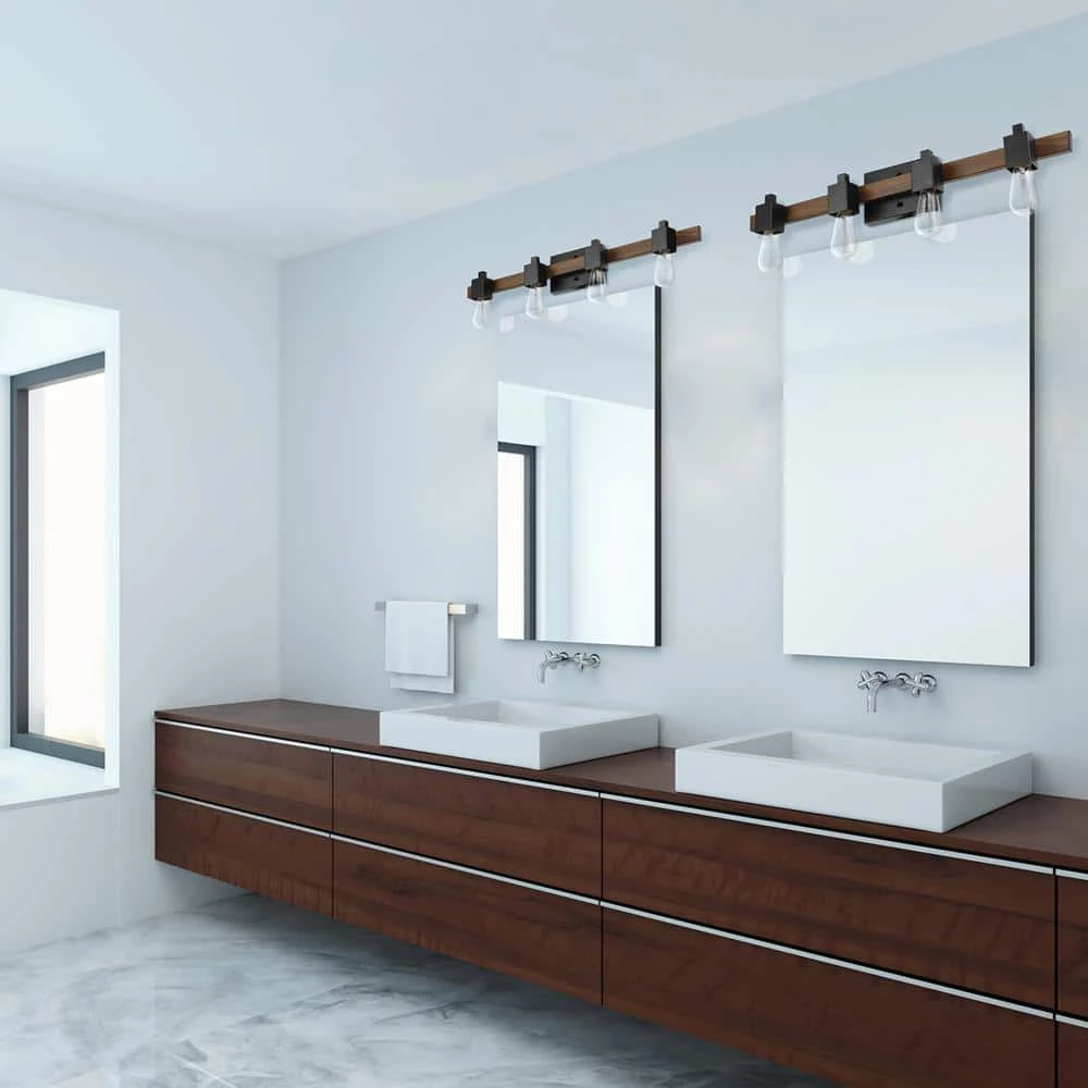 Phoenix 31 in. 4-Light Matte Black and Faux Wood Vanity Light by Globe Electric 8 Phoenix 31 in. 4-Light Matte Black and Faux Wood Vanity Light by Globe Electric - Image 8