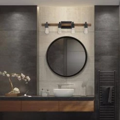 Phoenix 31 in. 4-Light Matte Black and Faux Wood Vanity Light by Globe Electric 11 Phoenix 31 in. 4-Light Matte Black and Faux Wood Vanity Light by Globe Electric -Deals Globe Electric Store matte black globe electric vanity lighting 51717 4f 1000