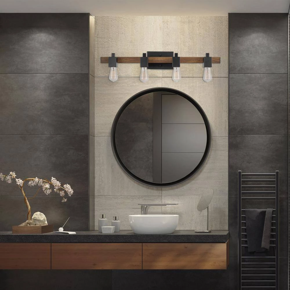 Phoenix 31 in. 4-Light Matte Black and Faux Wood Vanity Light by Globe Electric 4 Phoenix 31 in. 4-Light Matte Black and Faux Wood Vanity Light by Globe Electric - Image 4