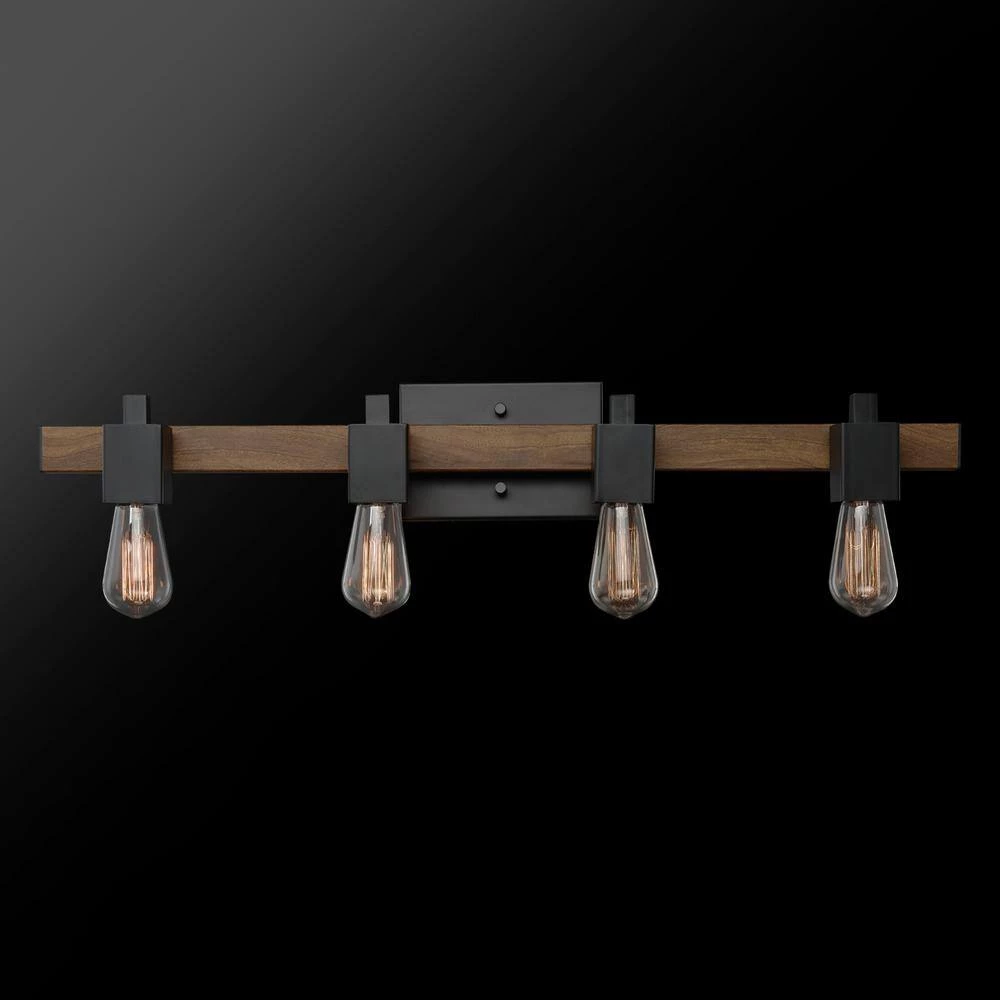 Phoenix 31 in. 4-Light Matte Black and Faux Wood Vanity Light by Globe Electric 3 Phoenix 31 in. 4-Light Matte Black and Faux Wood Vanity Light by Globe Electric - Image 3