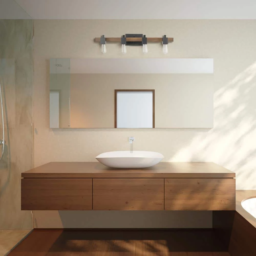 Phoenix 31 in. 4-Light Matte Black and Faux Wood Vanity Light by Globe Electric 2 Phoenix 31 in. 4-Light Matte Black and Faux Wood Vanity Light by Globe Electric - Image 2