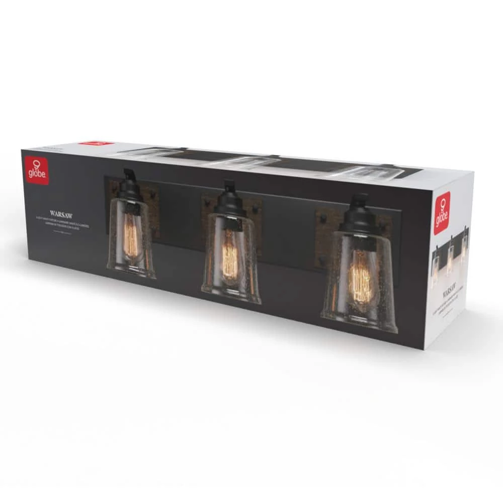 Warsaw 24 in. 3-Light Matte Black Vanity Light with Faux Wood Accents and Clear Seeded Glass Shades by Globe Electric 5 Warsaw 24 in. 3-Light Matte Black Vanity Light with Faux Wood Accents and Clear Seeded Glass Shades by Globe Electric - Image 5