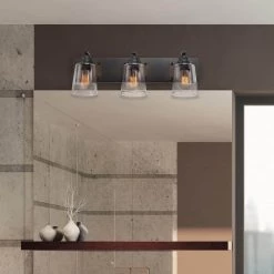 Warsaw 24 in. 3-Light Matte Black Vanity Light with Faux Wood Accents and Clear Seeded Glass Shades by Globe Electric 11 Warsaw 24 in. 3-Light Matte Black Vanity Light with Faux Wood Accents and Clear Seeded Glass Shades by Globe Electric -Deals Globe Electric Store matte black globe electric vanity lighting 51852 31 1000