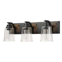 Warsaw 24 in. 3-Light Matte Black Vanity Light with Faux Wood Accents and Clear Seeded Glass Shades by Globe Electric