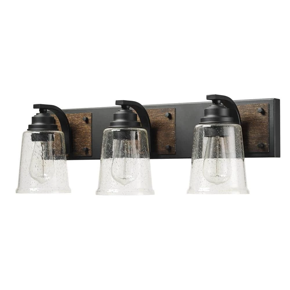 Warsaw 24 in. 3-Light Matte Black Vanity Light with Faux Wood Accents and Clear Seeded Glass Shades by Globe Electric 1 Warsaw 24 in. 3-Light Matte Black Vanity Light with Faux Wood Accents and Clear Seeded Glass Shades by Globe Electric