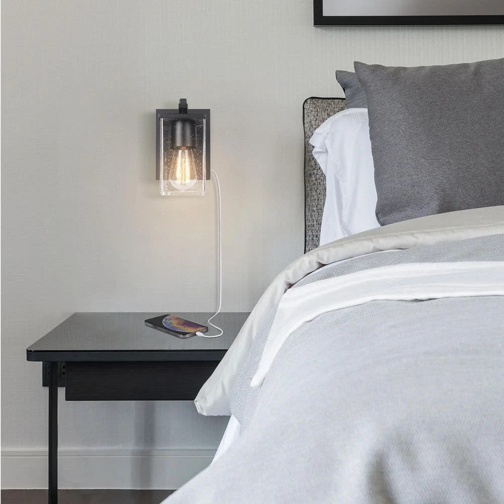 Barrett 1-Light Matte Black Plug-In or Hardwire Wall Sconce with USB and USB-C Port, Seeded Glass Shade by Globe Electric 9 Barrett 1-Light Matte Black Plug-In or Hardwire Wall Sconce with USB and USB-C Port, Seeded Glass Shade by Globe Electric - Image 9