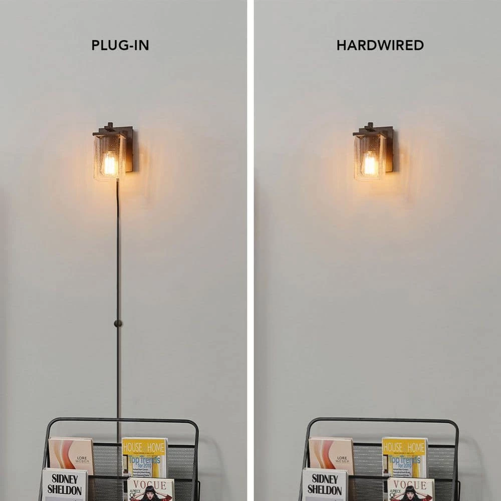 Barrett 1-Light Matte Black Plug-In or Hardwire Wall Sconce with USB and USB-C Port, Seeded Glass Shade by Globe Electric 4 Barrett 1-Light Matte Black Plug-In or Hardwire Wall Sconce with USB and USB-C Port, Seeded Glass Shade by Globe Electric - Image 4