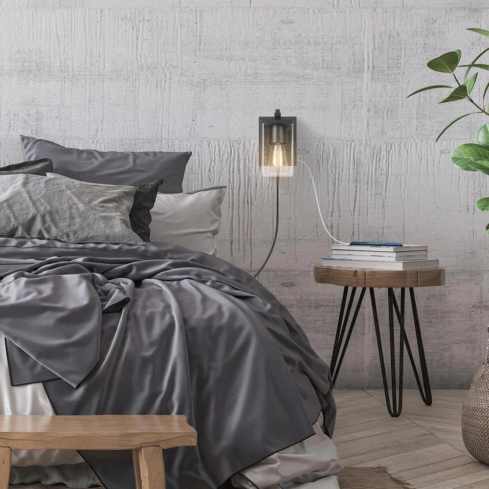 Barrett 1-Light Matte Black Plug-In or Hardwire Wall Sconce with USB and USB-C Port, Seeded Glass Shade by Globe Electric 3 Barrett 1-Light Matte Black Plug-In or Hardwire Wall Sconce with USB and USB-C Port, Seeded Glass Shade by Globe Electric - Image 3