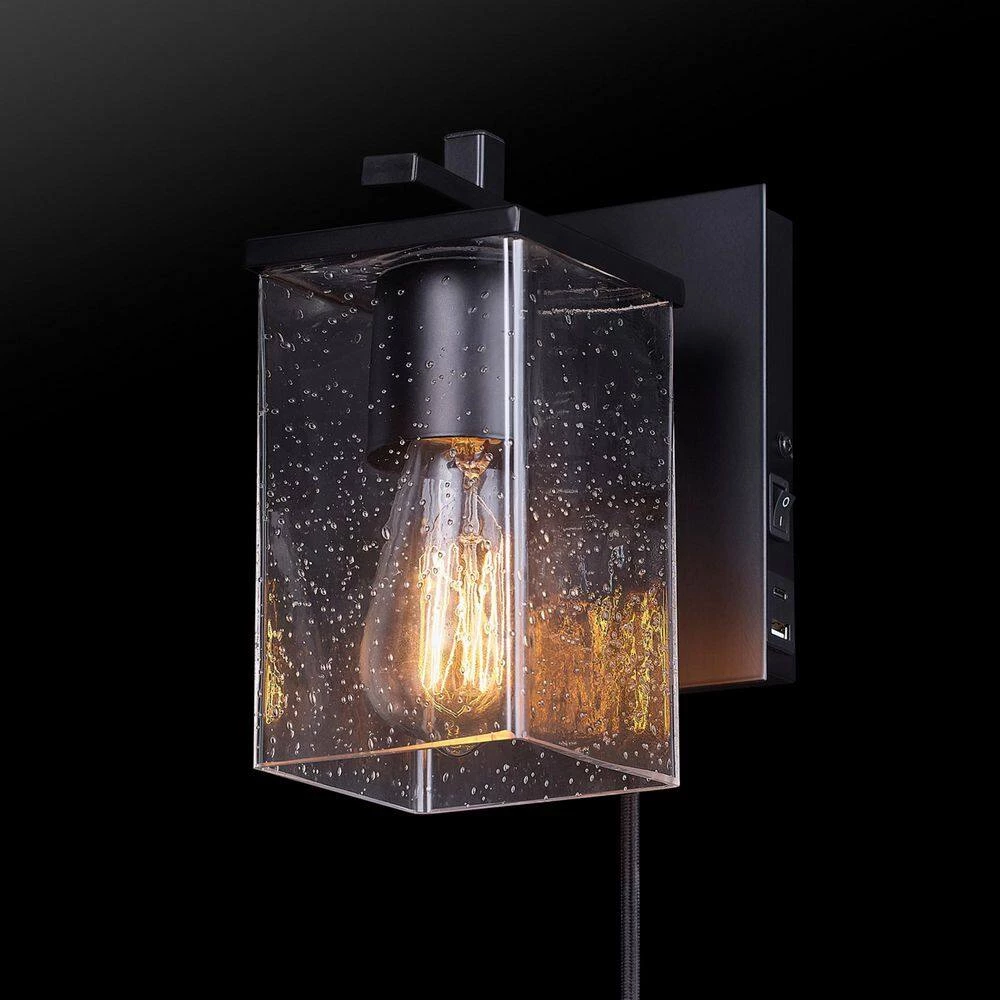 Barrett 1-Light Matte Black Plug-In or Hardwire Wall Sconce with USB and USB-C Port, Seeded Glass Shade by Globe Electric 2 Barrett 1-Light Matte Black Plug-In or Hardwire Wall Sconce with USB and USB-C Port, Seeded Glass Shade by Globe Electric - Image 2