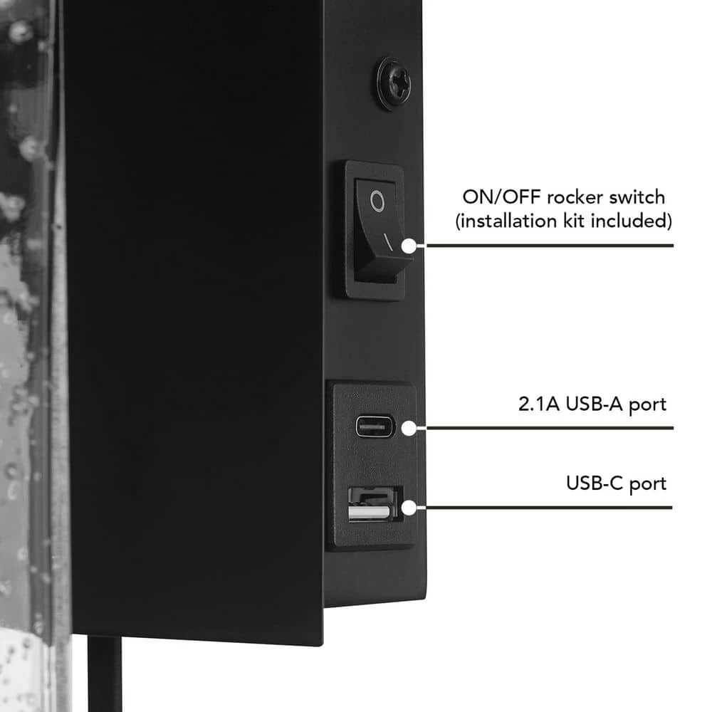 Barrett 1-Light Matte Black Plug-In or Hardwire Wall Sconce with USB and USB-C Port, Seeded Glass Shade by Globe Electric 7 Barrett 1-Light Matte Black Plug-In or Hardwire Wall Sconce with USB and USB-C Port, Seeded Glass Shade by Globe Electric - Image 7