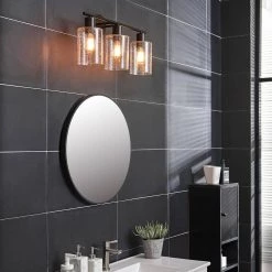 Bristol 24.5 in. 3-Light Matte Black Vanity Light with Seeded Glass Shades, 4-Piece Bath Set Included by Globe Electric -Deals Globe Electric Store matte black globe electric vanity lighting 91000787 31 1000
