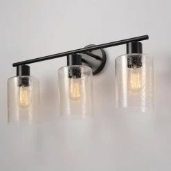 Bristol 24.5 in. 3-Light Matte Black Vanity Light with Seeded Glass Shades, 4-Piece Bath Set Included by Globe Electric -Deals Globe Electric Store matte black globe electric vanity lighting 91000787 40 1000