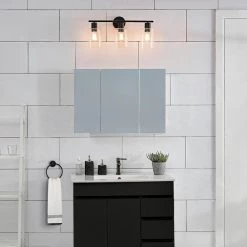 Bristol 24.5 in. 3-Light Matte Black Vanity Light with Seeded Glass Shades, 4-Piece Bath Set Included by Globe Electric -Deals Globe Electric Store matte black globe electric vanity lighting 91000787 4f 1000