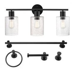Bristol 24.5 in. 3-Light Matte Black Vanity Light with Seeded Glass Shades, 4-Piece Bath Set Included by Globe Electric