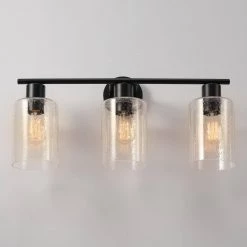 Bristol 24.5 in. 3-Light Matte Black Vanity Light with Seeded Glass Shades, 4-Piece Bath Set Included by Globe Electric -Deals Globe Electric Store matte black globe electric vanity lighting 91000787 fa 1000