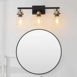 Rockhampton 24 in. 3-Light Matte Black Vanity Light with Matte Brass Accent and Seeded Glass Shades by Globe Electric -Deals Globe Electric Store matte black globe electric vanity lighting 91002139 31 1000