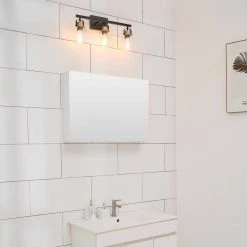 Rockhampton 24 in. 3-Light Matte Black Vanity Light with Matte Brass Accent and Seeded Glass Shades by Globe Electric -Deals Globe Electric Store matte black globe electric vanity lighting 91002139 4f 1000