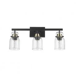 Rockhampton 24 in. 3-Light Matte Black Vanity Light with Matte Brass Accent and Seeded Glass Shades by Globe Electric