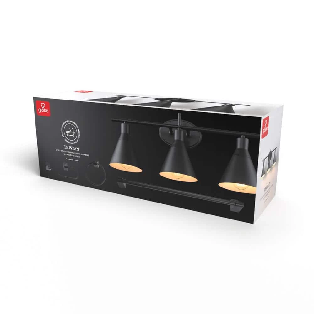 Tristan 24 in. 3-Light Matte Black Vanity Light with 4-Piece Bathroom Accessory Set by Globe Electric 8 Tristan 24 in. 3-Light Matte Black Vanity Light with 4-Piece Bathroom Accessory Set by Globe Electric - Image 8