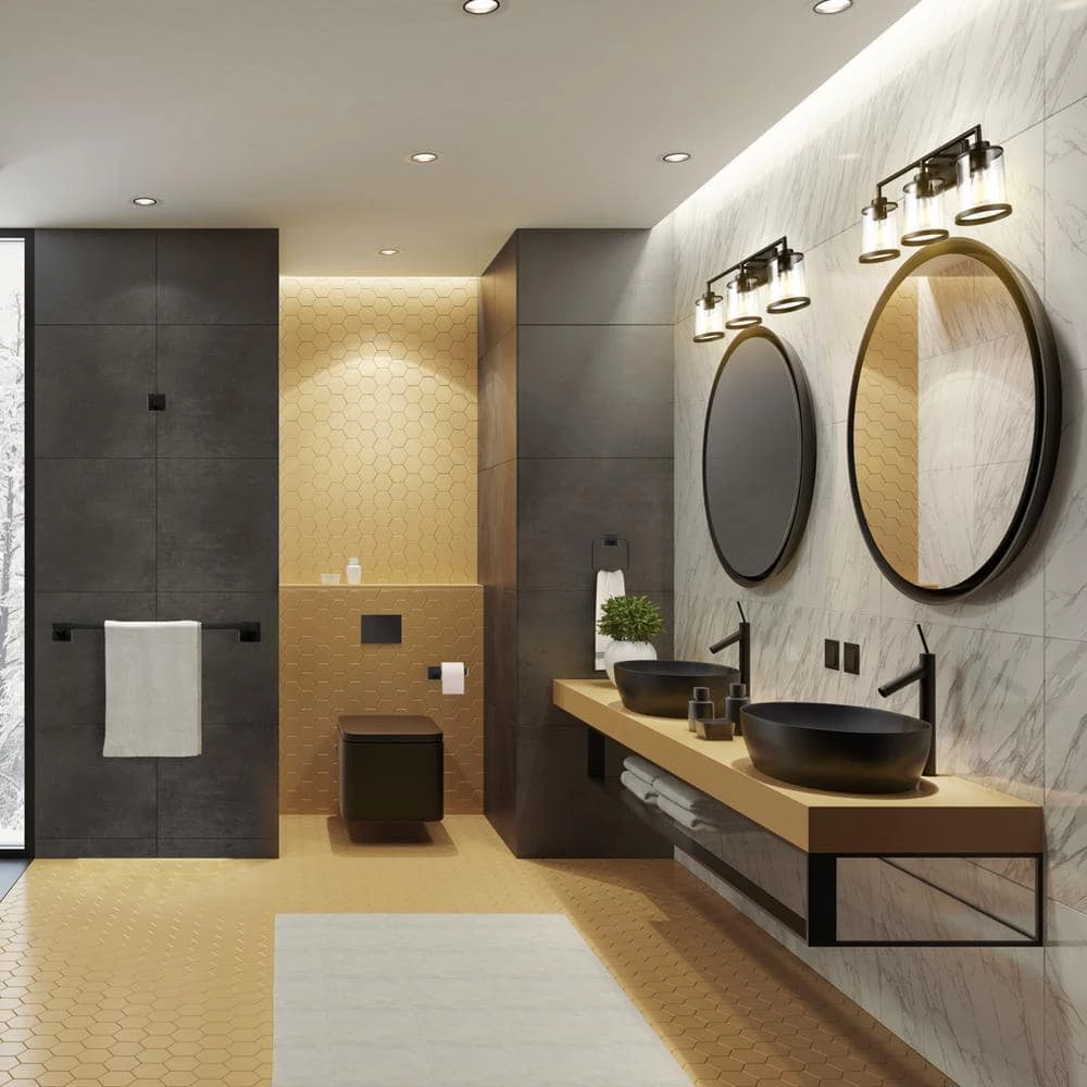 Harlow 23.52 in. 3-Light Matte Black Vanity Light with Clear Glass Shades, 4-Piece Bathroom Accessory Set Included by Globe Electric 4 Harlow 23.52 in. 3-Light Matte Black Vanity Light with Clear Glass Shades, 4-Piece Bathroom Accessory Set Included by Globe Electric - Image 4