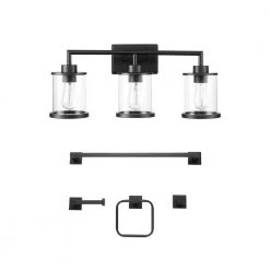 Harlow 23.52 in. 3-Light Matte Black Vanity Light with Clear Glass Shades, 4-Piece Bathroom Accessory Set Included by Globe Electric