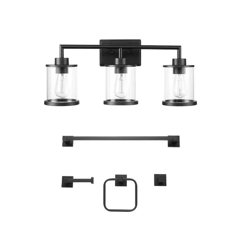 Harlow 23.52 in. 3-Light Matte Black Vanity Light with Clear Glass Shades, 4-Piece Bathroom Accessory Set Included by Globe Electric 1 Harlow 23.52 in. 3-Light Matte Black Vanity Light with Clear Glass Shades, 4-Piece Bathroom Accessory Set Included by Globe Electric