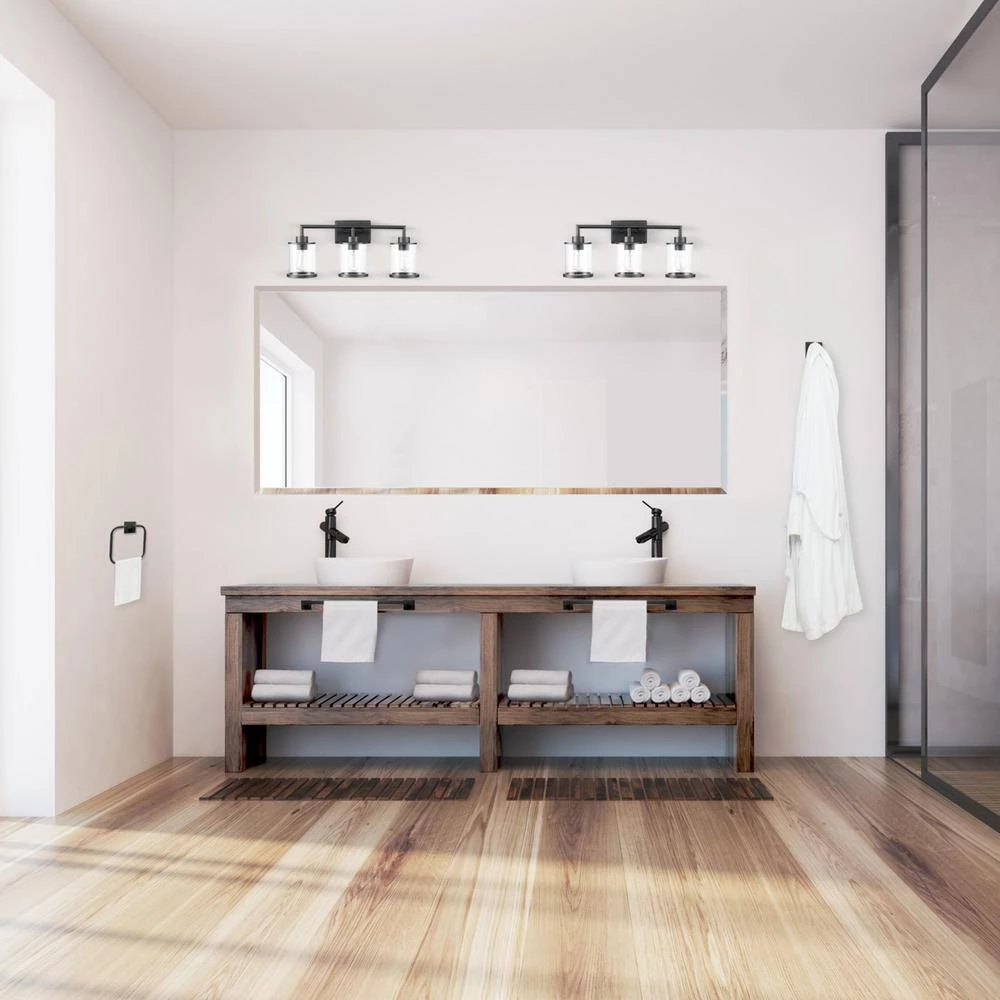 Harlow 23.52 in. 3-Light Matte Black Vanity Light with Clear Glass Shades, 4-Piece Bathroom Accessory Set Included by Globe Electric 3 Harlow 23.52 in. 3-Light Matte Black Vanity Light with Clear Glass Shades, 4-Piece Bathroom Accessory Set Included by Globe Electric - Image 3