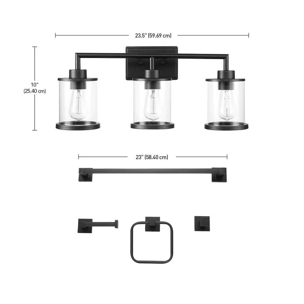 Harlow 23.52 in. 3-Light Matte Black Vanity Light with Clear Glass Shades, 4-Piece Bathroom Accessory Set Included by Globe Electric 9 Harlow 23.52 in. 3-Light Matte Black Vanity Light with Clear Glass Shades, 4-Piece Bathroom Accessory Set Included by Globe Electric - Image 9
