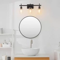 Bunbury 24 in. 3-Light Matte Black Vanity Light with Seeded Glass Shades, 4-Piece Bathroom Accessory Set Included by Globe Electric -Deals Globe Electric Store matte black globe electric vanity lighting 91002143 31 1000