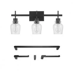 Bunbury 24 in. 3-Light Matte Black Vanity Light with Seeded Glass Shades, 4-Piece Bathroom Accessory Set Included by Globe Electric