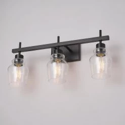 Bunbury 24 in. 3-Light Matte Black Vanity Light with Seeded Glass Shades, 4-Piece Bathroom Accessory Set Included by Globe Electric -Deals Globe Electric Store matte black globe electric vanity lighting 91002143 fa 1000
