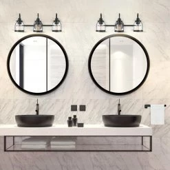 Devonport 24 in. 3-Light Matte Black Vanity Light with Clear Glass Shades, 4-Piece Bathroom Accessory Set Included by Globe Electric -Deals Globe Electric Store matte black globe electric vanity lighting 91002144 4f 1000