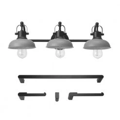 Gladstone 24 in. 3-Light Matte Black Vanity Light with Matte Gray Shades, 4-Piece Bathroom Accessory Set Included by Globe Electric