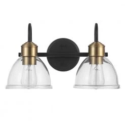 16 in. 2-Light Matte Black Vanity Light with Antique Brass Sockets and Clear Glass Shades by Globe Electric