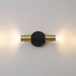 18 in. 2-Light Matte Black LED Integrated Vanity Light with Matte Brass Accents and Clear Glass Shades, Dimmable by Globe Electric -Deals Globe Electric Store matte black globe electric vanity lighting 91002818 44 1000