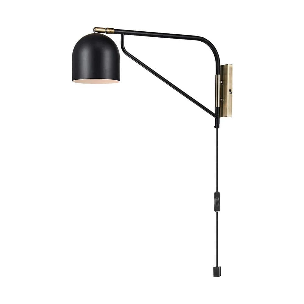 Mullin 1-Light Matte Black Plug-In Wall Sconce with Antique Brass Accent and LED Bulb Included by Globe Electric 1 Mullin 1-Light Matte Black Plug-In Wall Sconce with Antique Brass Accent and LED Bulb Included by Globe Electric