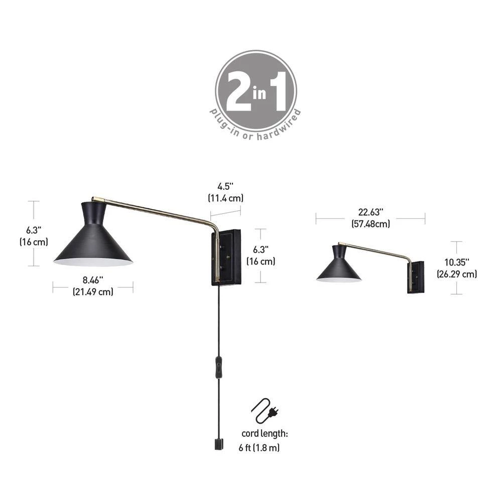 Waldwick 1-Light Matte Black Plug-In or Hardwire Wall Sconce with Antique Brass Accent and LED Bulb Included by Globe Electric 5 Waldwick 1-Light Matte Black Plug-In or Hardwire Wall Sconce with Antique Brass Accent and LED Bulb Included by Globe Electric - Image 5