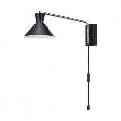 Waldwick 1-Light Matte Black Plug-In or Hardwire Wall Sconce with Antique Brass Accent and LED Bulb Included by Globe Electric