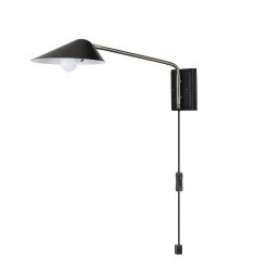 Finnick 1-Light Matte Black Plug-In or Hardwire Wall Sconce with Antique Brass Accent and LED Bulb Included by Globe Electric